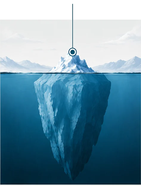 An iceberg with only a small tip above the water and a vast mass reaching into the depth below.